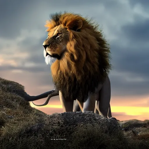 Image similar to ferocious lion standing upright with eagle’s wings, terrifying, frightening, cinematic lighting, 8k