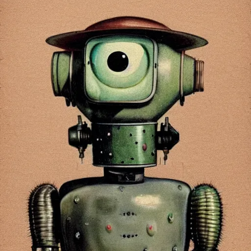 Prompt: medium shot 1 9 5 0 s retro cactus robot, bionic arms and eyes. muted colours. by jean - baptiste monge