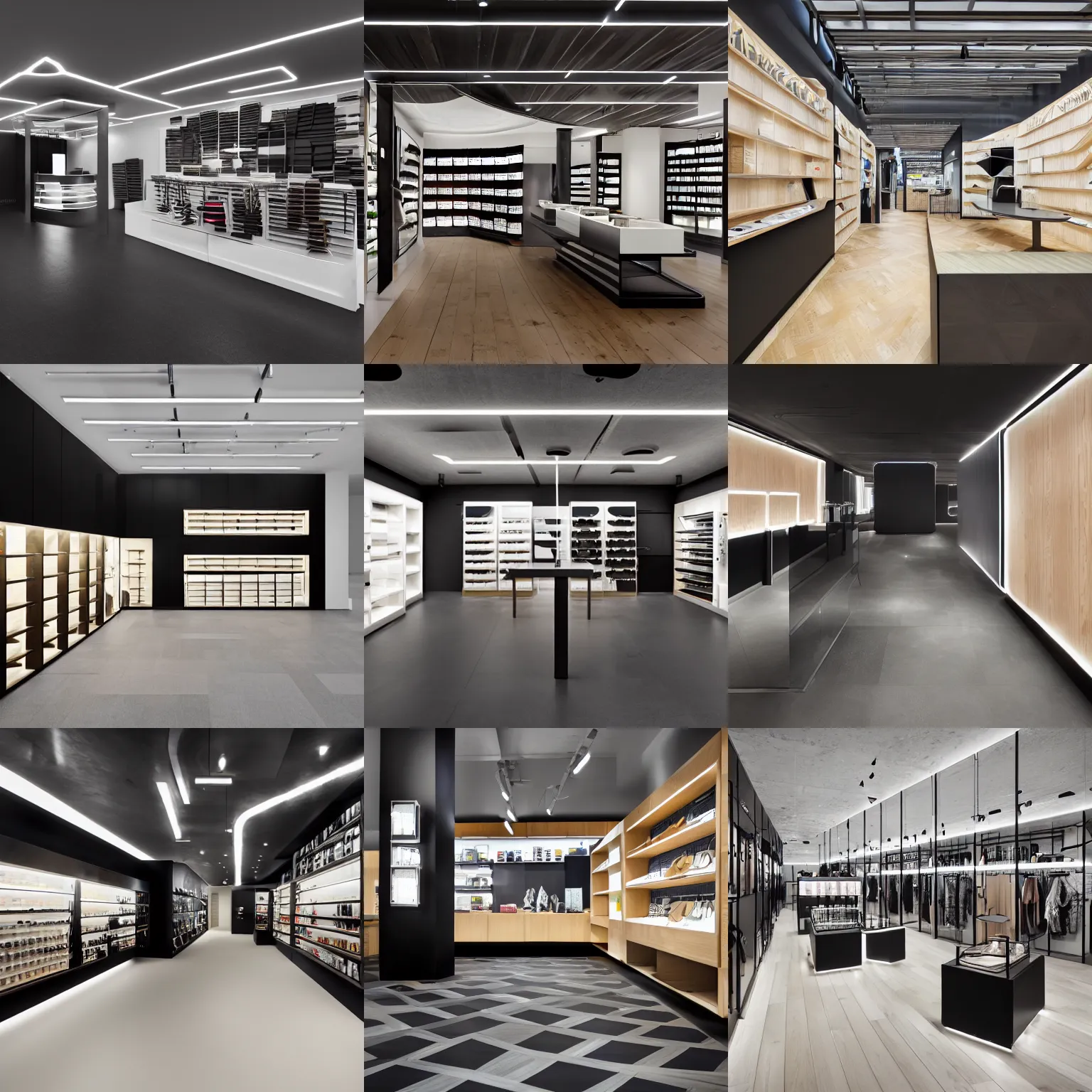 Prompt: a futuristic store, oak parquet, black walls, fzd school of design