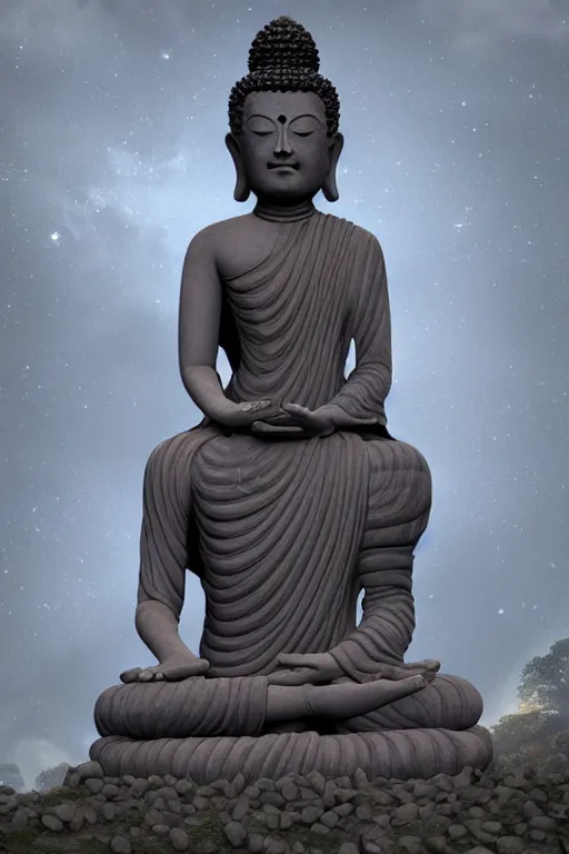 Image similar to a stone statue of buddha sit on the side of the road < bends down > to the < crying girl > who is held by the < ghost of her mother > behind her, craig mullins and ghibli digital art, red lanterns, night sky, stars, unreal engine, hyper realism, realistic shading, cinematic composition, realistic render, octane render, detailed textures, photorealistic