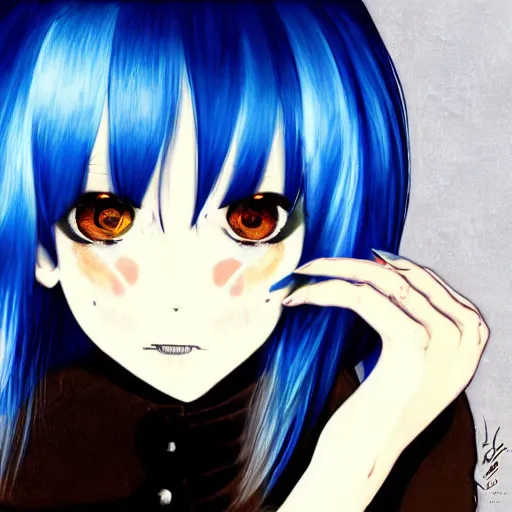 Prompt: profile shot of rimuru tempest, sky blue straight hair, long bangs, gold eyes, smug, wearing a black jacket with white stripes, high collar, ultra detailed, brush strokes, digital painting, cinematic, wlop, closeup, pixiv, color block, eerie, scary, yoshitaka amano, andy warhol, junji ito