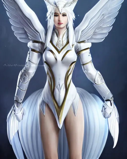 Image similar to perfect white haired attractive egyptian goddess with huge white dove wings, warframe armor, beautiful, symmetric, dreamy, half asian, pretty face, blue eyes, detailed, scifi platform, laboratory, experiment, 4 k, ultra realistic, epic lighting, android body, illuminated, cinematic, masterpiece, art by akihito tsukushi, voidstar