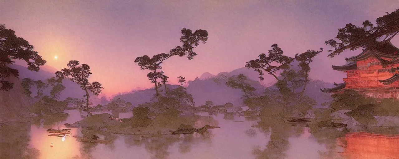 Image similar to a beautiful painting of an ancient japanese town nearby a small river in the evening by alfons maria mucha and ivan aivazovsky, ultra detailed, volumetric lighting, pink vibe