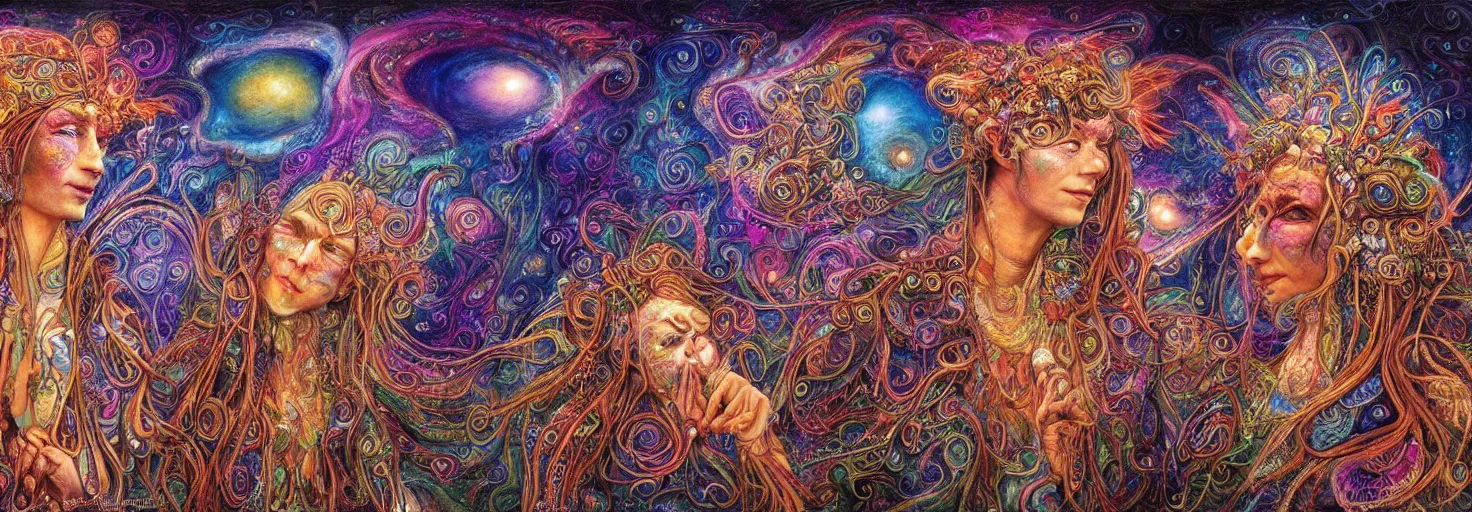 Image similar to two psychedelic shamans intertwined in a cosmic entanglement by Josephine Wall and Daniel Merriam, Artstation