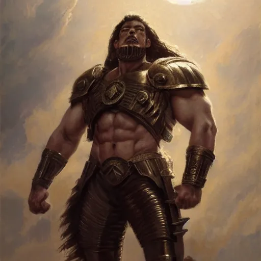 Prompt: handsome portrait of a spartan guy bodybuilder posing, radiant light, caustics, war hero, full metal alchemist, by gaston bussiere, bayard wu, greg rutkowski, giger, maxim verehin