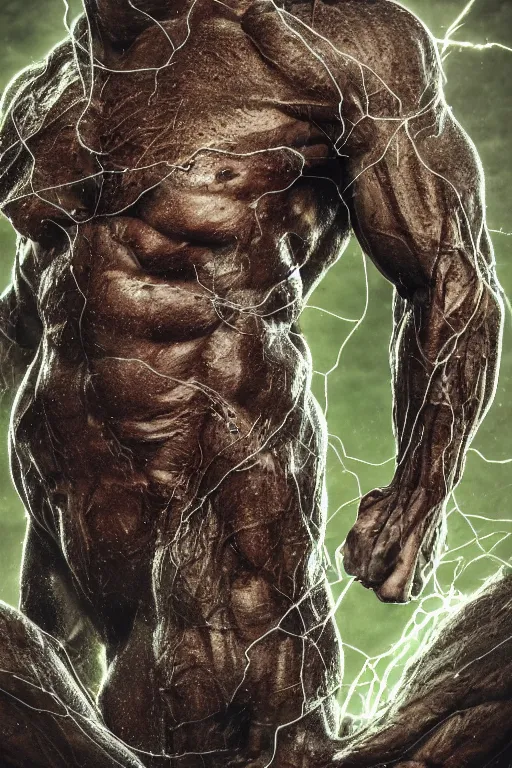 Image similar to high resolution photo of a muscular creature, tree roots, veins, lightning, big muscles, sweat, slime, troll, fishlike, gills, dragonlike, grown together, overgrown, electronic wires, god rays, dark, skin, plastic wrap,