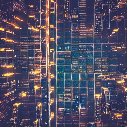 Prompt: photo of a power grid city at night birds eye view unsplash inception cinematic