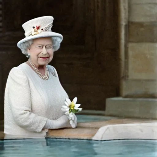 Image similar to queen elizabeth in a milk bath