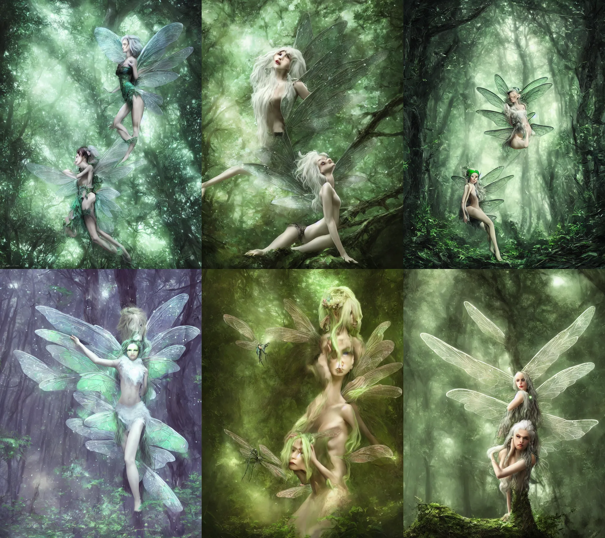 Prompt: a hyperrealistic photography of a fantastical slim faerie with puffy white hair and pale green eyes, she is flying in a dark forest with dragonfly wings, natural lighting, sun through trees, cinematic, highly detailed, sharp focus, intricate concept art, digital painting, ambient lighting, 4k, artstation