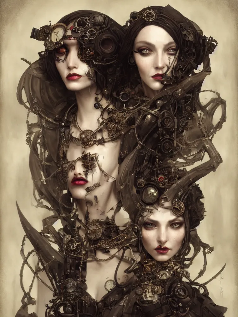 Prompt: a steampunk portrait of a hideous woman with shadowy eyes and bonewhite hair, with black glossy lips, hyperrealistic, award-winning, masterpiece, in the style of Tom Bagshaw, Cedric Peyravernay, Peter Mohrbacher