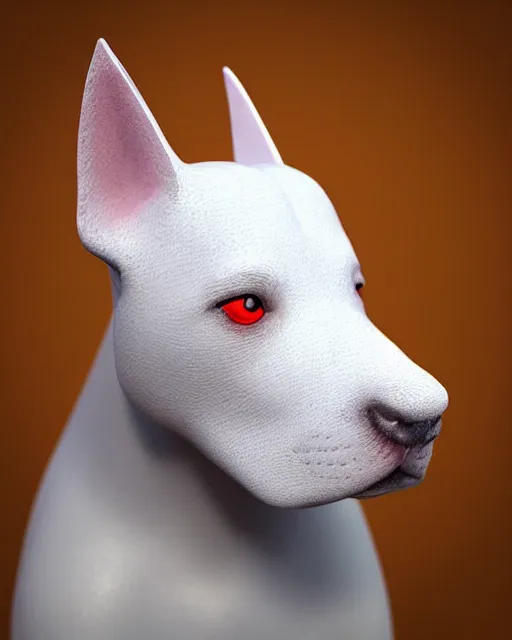 Prompt: 3d toy cute model of white bull terrier with red bullseye around left eye artistic ad campaign Portrait photo Leica Zeiss