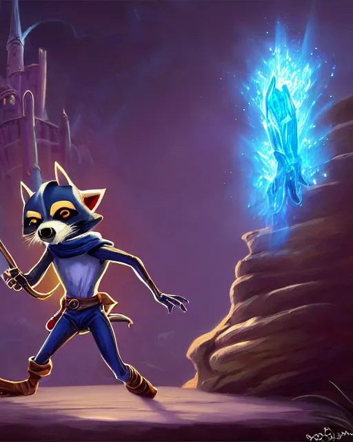 Image similar to closeup, highly detailed digital illustration portrait of hooded necromancer sly cooper rocket the raccoon casting a magical energy sparkling blue glowing spell in an ancient castle, action pose, d & d, magic the gathering, by rhads, frank frazetta, lois van baarle, jean - baptiste monge, disney, pixar,