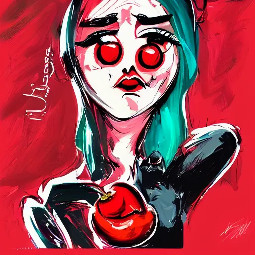 Image similar to a perfect red cherry fruit by jim mahfood, 7 0 s style popart, trending on artstation