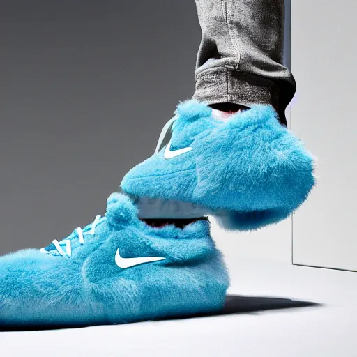 Image similar to nike shoe made of very fluffy cyan faux fur placed on reflective surface, professional advertising, overhead lighting, heavy detail, realistic by nate vanhook, mark miner