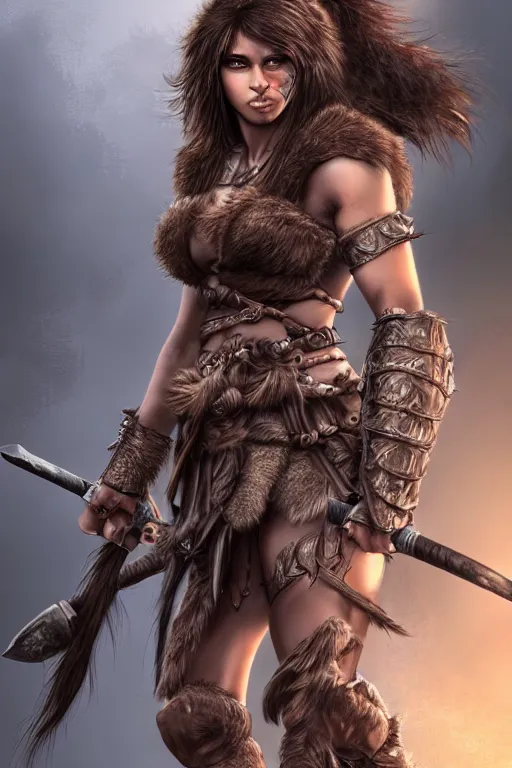 Prompt: Female barbarian, beautiful, light brown messy hair, dark skin, brown eyes, detailed face, knight armor, battle stance, high fantasy, extremely detailed, matte painting