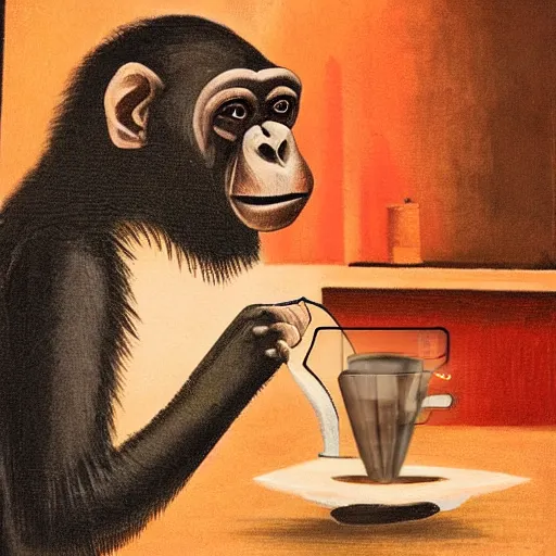 Image similar to Gothic painting of a chimpanzee serving coffee as a barista, in a night-time old-fashioned New York Cafe, candlelight, full shot,