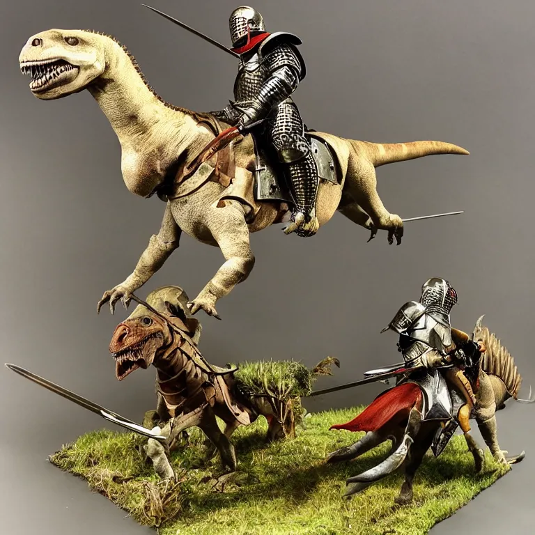 Image similar to diorama of a medieval knight riding a dinosaur, swords drawn to attack, highly detailed, award winning mini painting, studio lighting