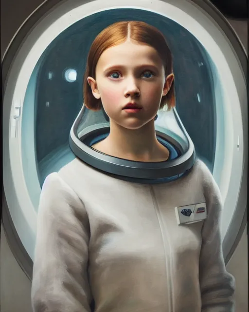 Prompt: a window - lit realistic portrait painting of a thoughtful girl resembling a young, shy, redheaded alicia vikander or millie bobby brown wearing a futuristic reflective spacesuit by a spaceship porthole, highly detailed, intricate, by vermeer