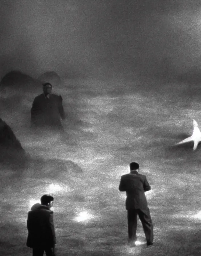 Image similar to very low - resolution found footage of kim jong - il and a starfish kaiju monster, fog, foggy, korean film noir, monochrome, red hue, thriller, underdeveloped, epic, dramatic