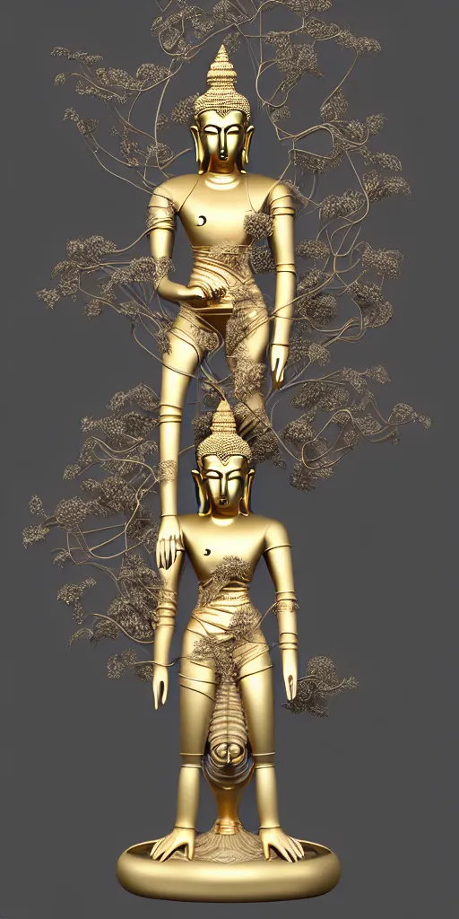 Image similar to complex 3d render ultra detailed of a monk discovering buddhahood, mechanical cyborg, 150 mm, accent lighting, beautiful studio soft light, rim light, silver gold red details, luxurious, magnolia big filigran ultra detailed leaves and stems, roots, Alexander Mcqueen haute couture, fine foliage lace, mesh wire, beautiful background, filigran intricate details, hyperrealistic, mandelbrot fractal, anatomical, silver metal armor, facial muscles, cable wires, microchip, elegant, white background, beautiful white teeth, beautiful lips, octane render, H.R. Giger style, 8k