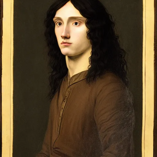 Image similar to highly detailed portrait of a young handsome wizard with long black hair, pre - raphaelite art style, global illumination