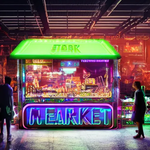 Prompt: a market stall at a futuristic cyber punk trade show in 2 0 5 5 from a distance, neon lighting, cinematic, dslr, unreal engine, hyper realistic