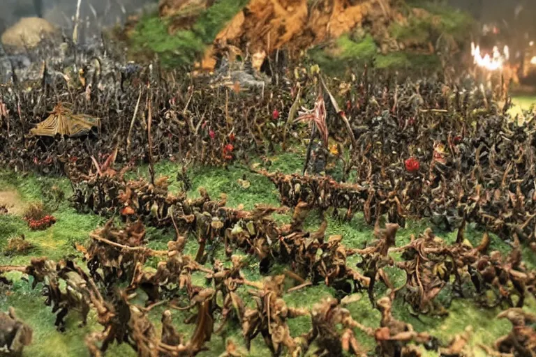 Image similar to photo taken of an epic intricate, ultra detailed miniature modular, battlefield diorama created by weta workshop, zoomed in shots focussing an army of high elves battling a horde of orcs, with highly detailed exquisitely painted 3 d printed characters, cinematic wide shot, photorealistic, sharp focus, f 0. 4, low angle shot, macro, golden ratio, golden hour