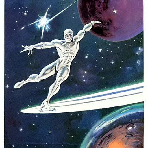 Image similar to Silver Surfer flying in his silver surfboard in space, by Frank Frazetta