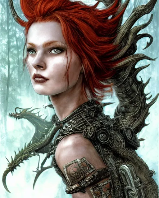 Image similar to 5 5 mm portrait photo of an armored gorgeous anesthetic redhead woman warrior with a face tattoo and horns growing from her head, and small dragon sitting on her shoulder in a magical forest in the style of stefan kostic, art by luis royo. highly detailed 8 k. intricate. lifelike. soft light. nikon d 8 5 0. cinematic post - processing