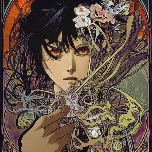 Image similar to alphonse mucha yoji shinkawa moebius jean girard shintaro kago junji ito esoteric hypnogogic ethereal ethereality dreamy combat mech dieselpunk incredible intricate machinery illusionary art and trash polka