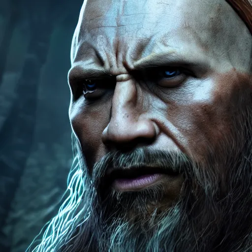 Image similar to a digital art close up portrait of pale demon dwayne johnson as ancient druid mage from dark souls, old witcher with long beard character sheet, 4 k, ultra detail, volumetric lighting, unreal engine, octane render