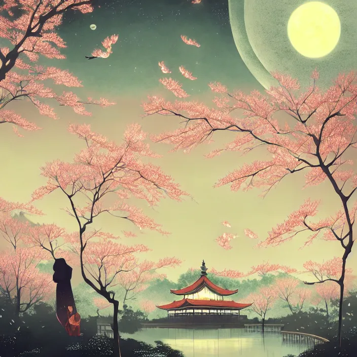 Image similar to illustrations of At night, willows and peach trees full of peach blossoms are strewn at random on both sides of the pavilions, and the bright moon is directly above the pavilions, Chinoiserie，light effect. By Victo Ngai and Cyril Rolando