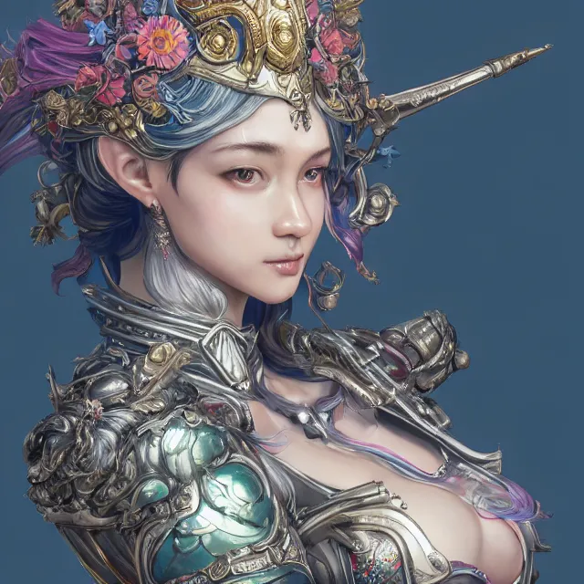 Image similar to studio portrait of lawful good colorful female divine mech paladin as absurdly beautiful, elegant, young sensual gravure idol, ultrafine hyperrealistic detailed face illustration by kim jung gi, irakli nadar, intricate linework, sharp focus, bright colors, matte, octopath traveler, final fantasy, unreal engine highly rendered, global illumination, radiant light, intricate environment