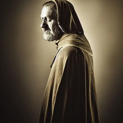 Image similar to stunning beautiful portrait photography of medieval sacred priest from national geographic award winning, dramatic lighting, taken with canon 5d mk4, sigma art lens, medium-shot