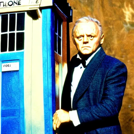 Prompt: anthony hopkins as doctor who in front of tardis, directed by robert zemeckis, 1 9 8 4