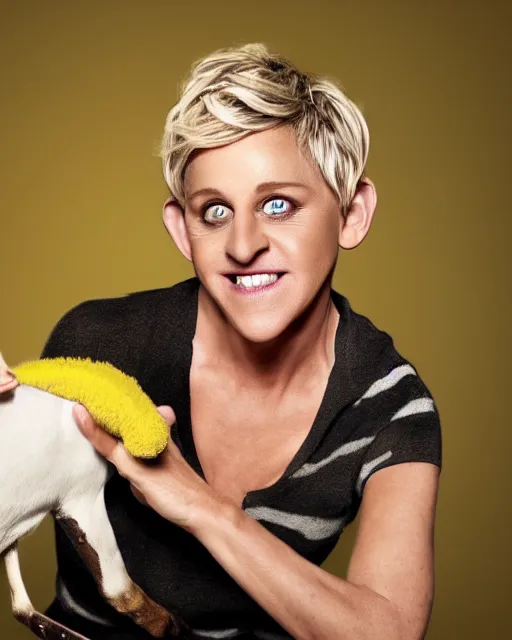 Image similar to headshot of ellen degeneres with yellow goat like eyes, ellen degeneres in highly detailed satyr like makeup by rick baker, studio lighting, 8 k, photo shoot, 9 inch kershaw soft focus lens f / 5. 6