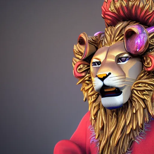 Image similar to anthropomorphic lion exquisite detail lion in hippie clothes, Streetwear, hippie fashion, sitting at the bus stop, trending on artstation, incredible detail, Graeme Base, 8k detail, gi, global illumination, physically based rendering, photoreal, small details, intricate complexity