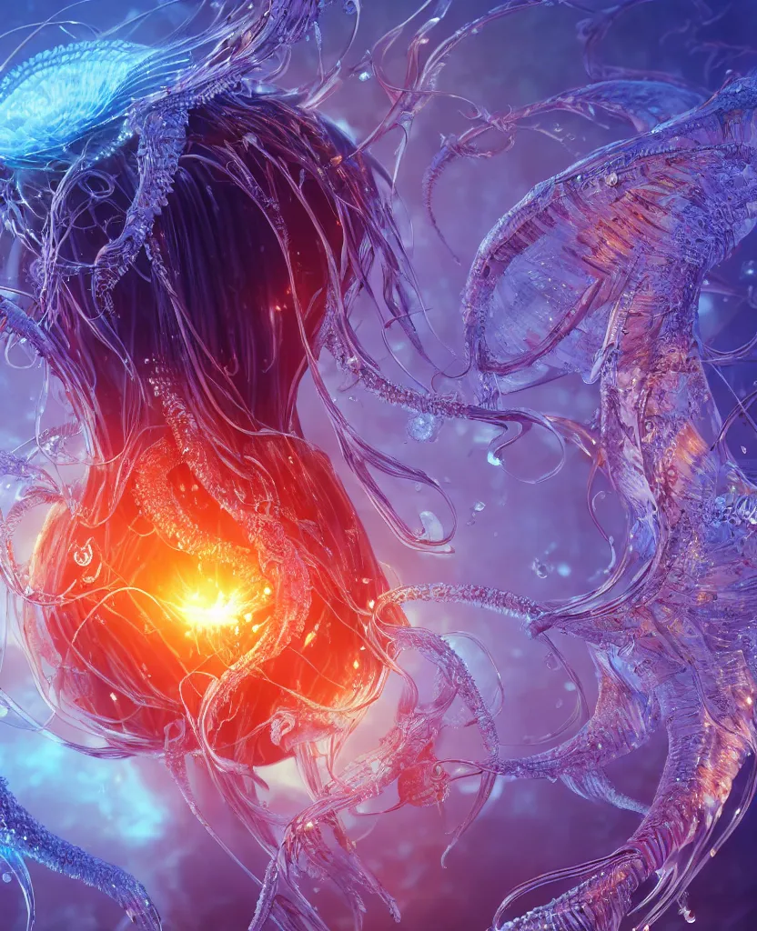 Image similar to close-up macro portrait of the face of a beautiful princess, epic angle and pose, symmetrical artwork, 3d with depth of field, blurred background, cybernetic jellyfish phoenix bird, translucent, nautilus, energy flows of water and fire. a highly detailed epic cinematic concept art CG render. made in Maya, Blender and Photoshop, octane render, excellent composition, cinematic dystopian brutalist atmosphere, dynamic dramatic cinematic lighting, aesthetic, very inspirational, arthouse. y Greg Rutkowski, Ilya Kuvshinov, WLOP, Stanley Artgerm Lau, Ruan Jia and Fenghua Zhong