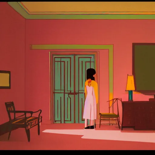 Prompt: a lonely girl in a room, film still by wes anderson, depicted by mackintosh, limited color palette, very intricate, art nouveau, highly detailed, lights by hopper, soft pastel colors, minimalist