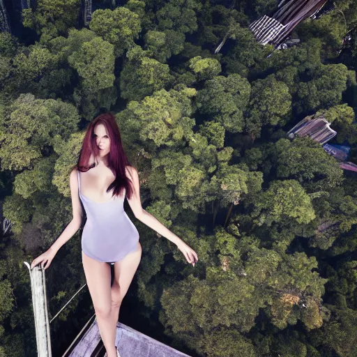 Prompt: a photo of a beautiful model posing on top of a giant skyscraper in the middle of an abandoned jungle city, photoshoot, urban decay, seductive, beauty