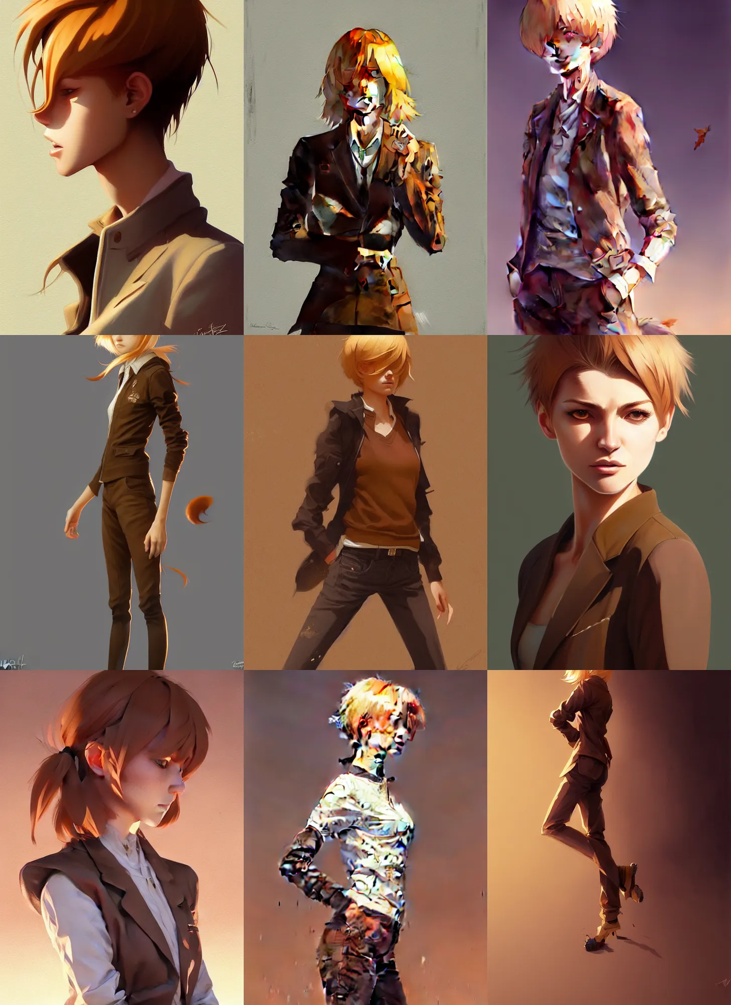 Prompt: ultradetailed beautiful painting of a stylish tomboy wearing a brown foxgirl suit, dramatic, she has blond hair, distressed, volumetric light, full body portrait by greg rutkowski, ilya kuvshinov, james jean, makoto shinkai, on artstation