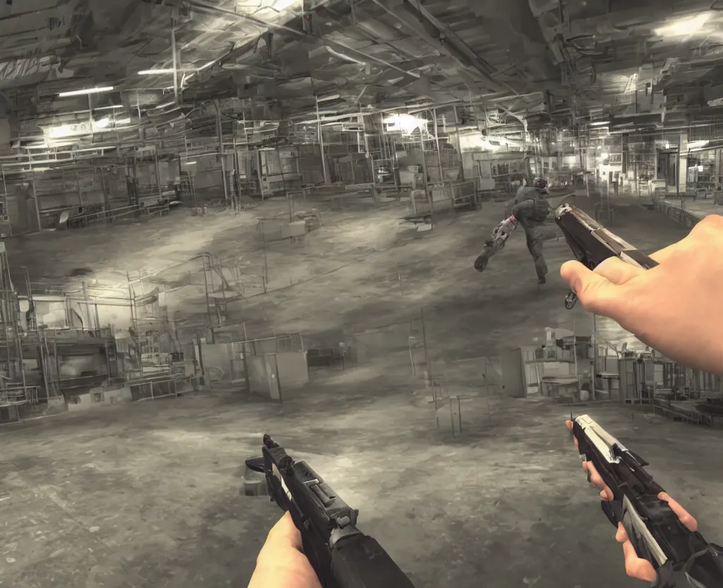 Prompt: first person shooter point of view with a soda can in his hand in a factory