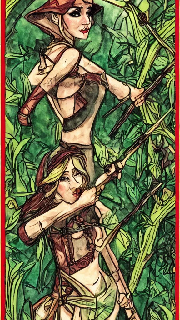 Image similar to female elf ranger in fantasy forest, art deco tarot card style