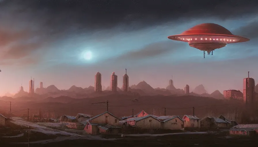 Prompt: a beautiful matte painting of a flying space ship over old soviet village, simon stalenhag and jakub rozalski and alan bean, trending on artstation, realistic rendering