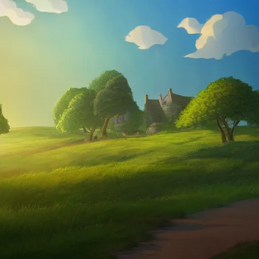 Image similar to the shire at sunset in the style of ghibli, 8 k, artstation, award wining, - 7 6 8