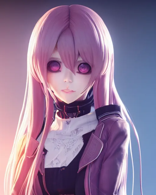 Image similar to beautiful portrait of a woman with pastel long hair with her eyes closed with headphones on in the style of a code vein character, tzuyu from twice in code vein in the style of WLOP, artgerm, yasutomo oka, rendered in unreal engine and redshift octane , dynamic dramatic lighting, soft lighting, imagine fx, artstation, cgsociety, by Bandai Namco artist, background is surrounded by epic neon glitch effect digital art