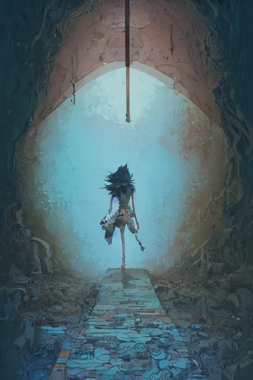 Prompt: a girl walking to a giant wooden door with archaic symbols embedded onto, digital art, very graphic illustration by peter mohrbacher and victo ngai, colorful comics style