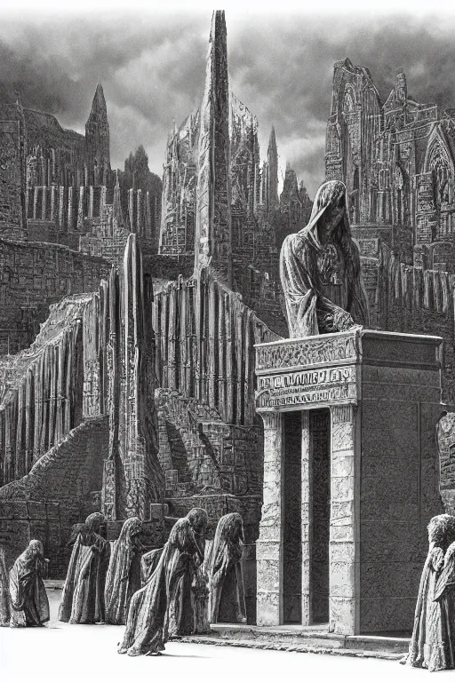 Prompt: Artwork by Ted Nasmith of the cinematic view of the Cenotaph of Ever-changing Blasphemy.