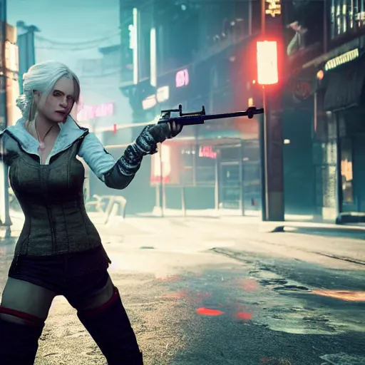 Prompt: Ciri aiming a pistol, ducking behind cover during a fight in night city streets, cyberpunk, 8k ultra realistic, award winning, unreal engine 5, masterpiece