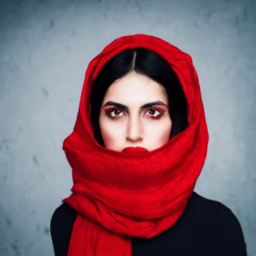 Prompt: A photorealistic portrait of an Iranian young woman with long black hair wearing a red scarf, DSLR Photograph, 8k